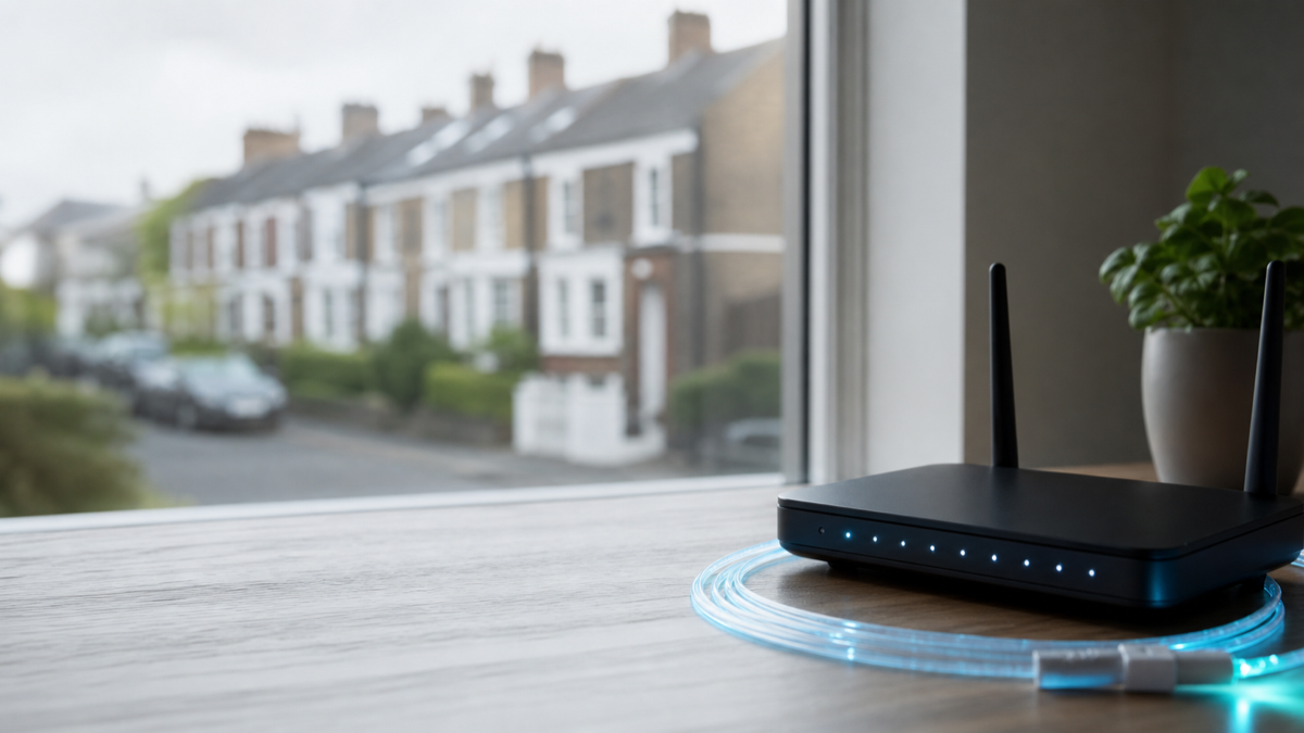 Router and fibre optic cable near a UK street window